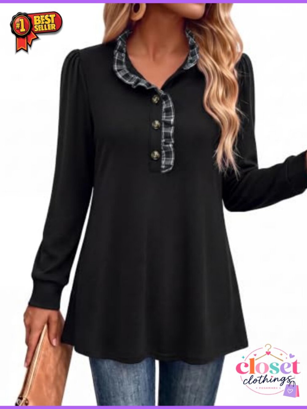 Women's Long Sleeve Tunic Sweater Button Ruffle Stand Collar Knit Top